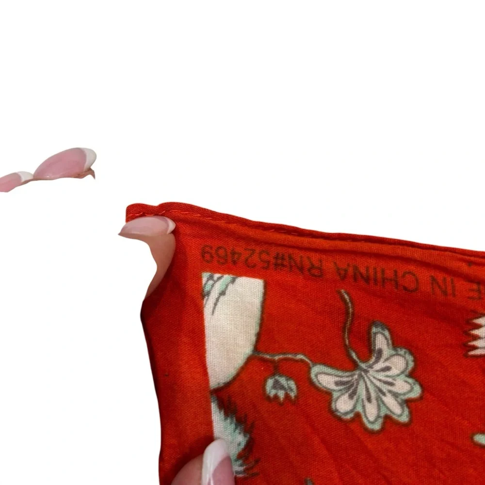 Ladies Vintage‎ Square Red Scarf Bird and Floral Print 100% Cotton
